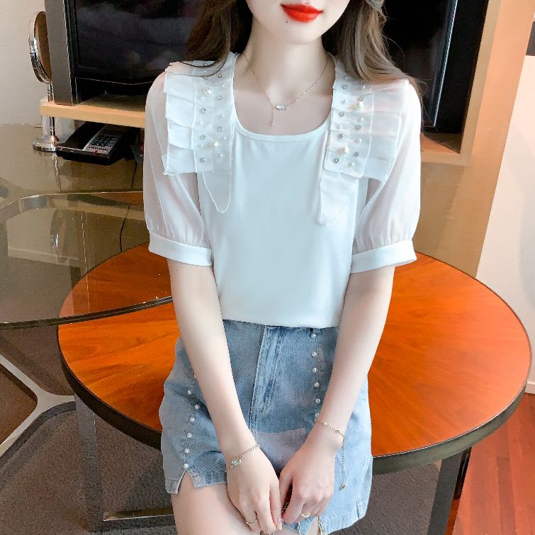 여름 여성 스퀘어넥 쉬폰소매 러플 진주 반팔 면 티셔츠 데일리룩 오피스룩 화이트 - 상세 이미지 4