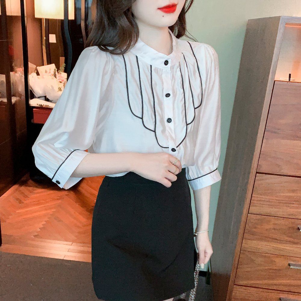 봄 여름 여성 파이핑 배색 7부 블라우스 폴리 루즈핏 빅사이즈 기본기장 데일리 화이트 - 상세 이미지 2