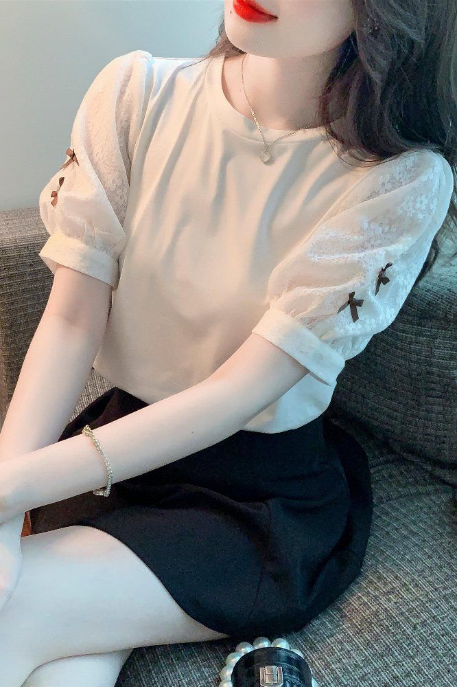 여름 여성 라운드넥 레이스 소매 새 자수 퍼프 반팔 면 티셔츠 데일리룩 아이보리 - 상세 이미지 5