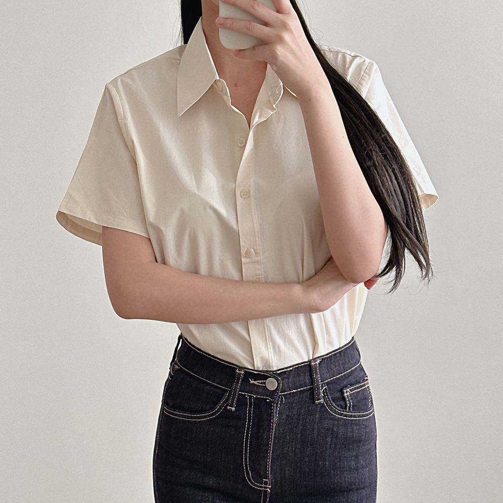 여성 반팔 셔츠 여름 블랙 화이트 베이지 면 카라 남방 - 상세 이미지 4