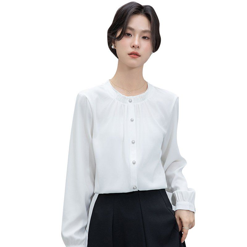 봄 가을 여성 러플 리본 카라 블라우스 긴팔 셔츠 약간 루즈핏 기본기장 폴리 데일리 화이트 - 상세 이미지 5