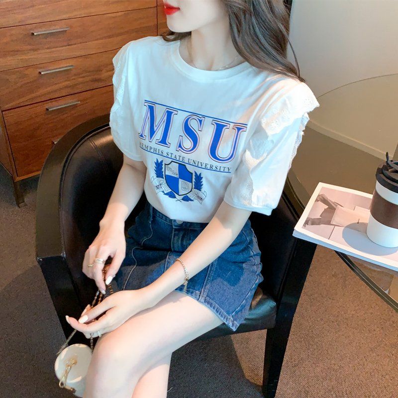 여름 여성 라운드넥 퍼프소매 반팔 면 티셔츠 로고 프린트 데일리 캐주얼 화이트 - 상세 이미지 2