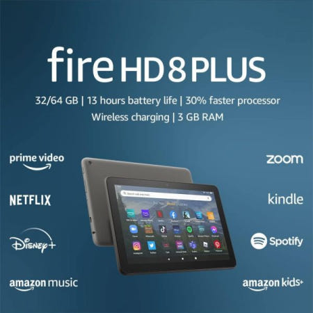 Amazon Fire Tablets [해외]새로움 - Amazon Fire HD 8 Plus 태블릿, 8인치 디스플레이, 32GB, 30% 더 빠른 프로세서, 3GB RAM, 무선 충전, (2022년 출시), 그레이