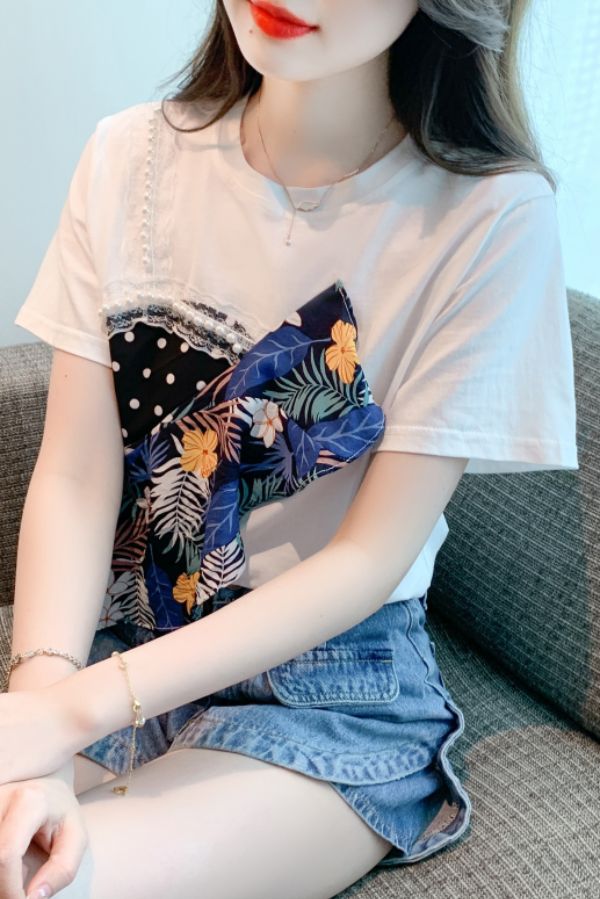 여름 여성 라운드넥 배색 패턴 반팔 면 빅사이즈 티셔츠 러플 셔링 데일리 화이트 - 상세 이미지 5