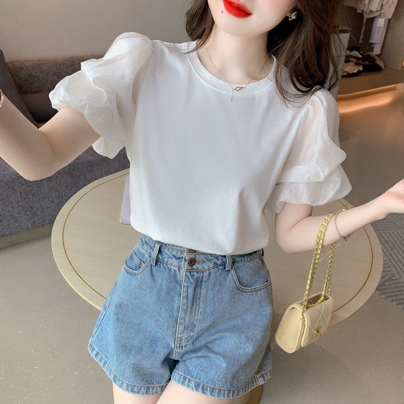 여름 여성 라운드넥 쉬폰 캉캉 퍼프소매 반팔 티셔츠 데일리룩 캐주얼 상의 화이트 - 상세 이미지 3