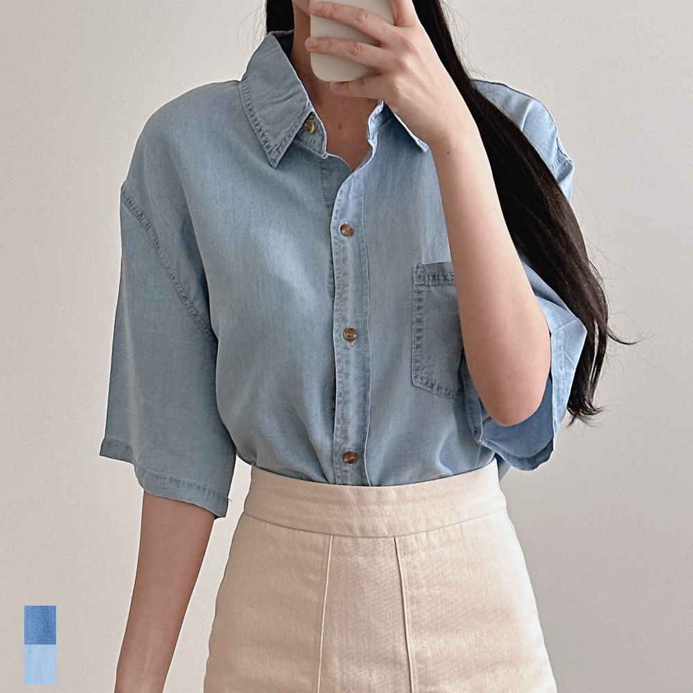 여성 반팔 셔츠 여름 데님 쿨링 루즈핏 포켓 중청 연청 청남방