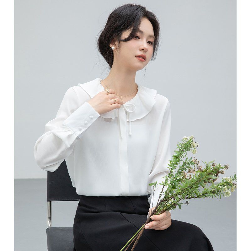 봄 가을 여성 러플 리본 카라 버튼 블라우스 긴팔 셔츠 기본핏 폴리 데일리 오피스룩 화이트 - 상품 이미지