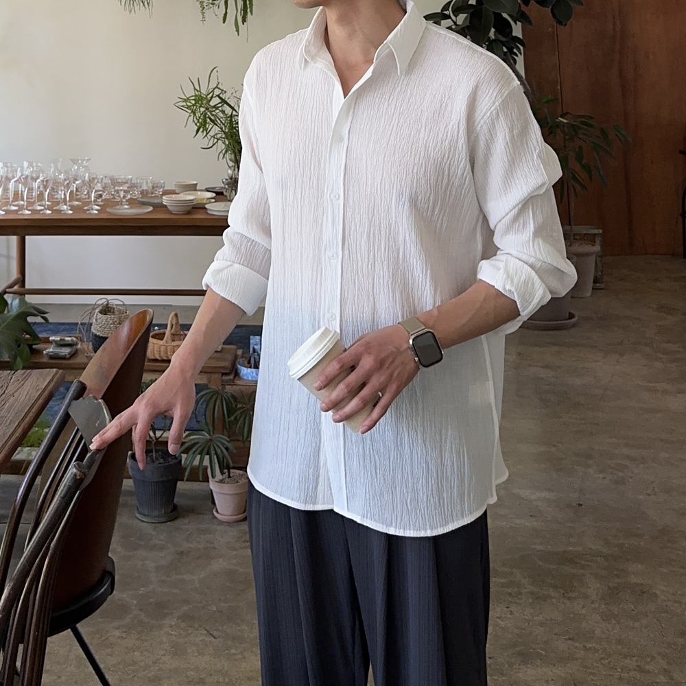 남자 셔츠 구김없는 플리츠 오버핏 남방 남자 여름 셔츠 - 상세 이미지 2