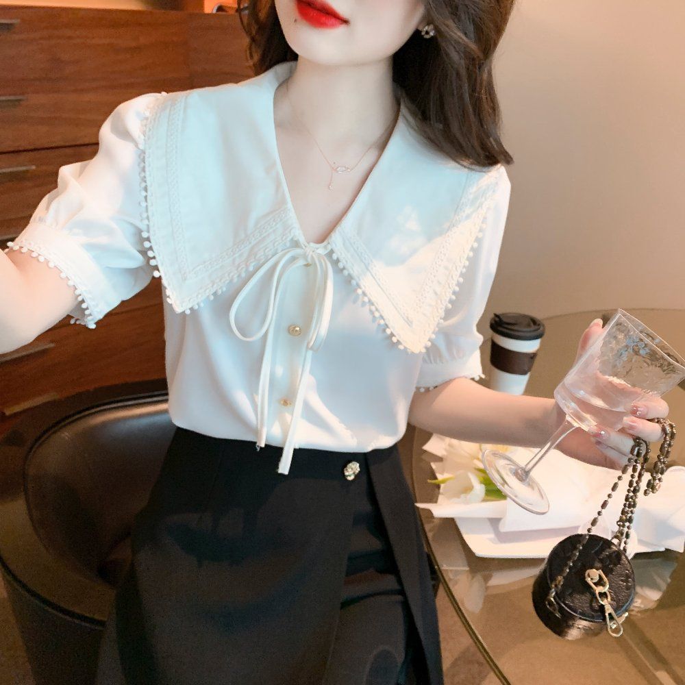 여름 여성 V넥 폼폼 빅카라 리본 반팔 블라우스 퍼프소매 데일리룩 아이보리 - 상세 이미지 3