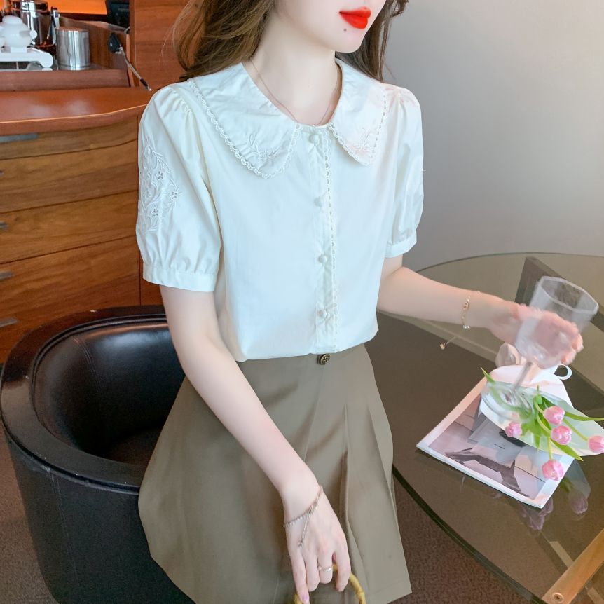 여름 여성 빅카라 자수 펀칭 퍼프소매 반팔 블라우스 데일리룩 아이보리 - 상세 이미지 4