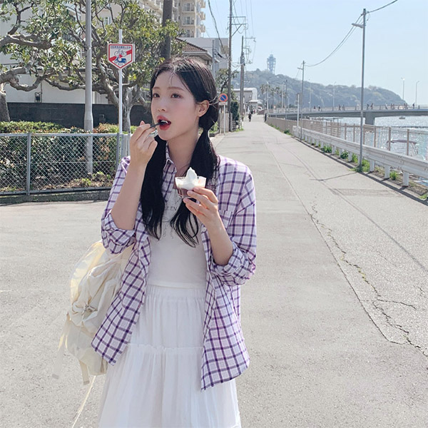 라비앙 루즈핏 체크 셔츠 크롭 나시 세트 가을셋업 st2828 상품 이미지