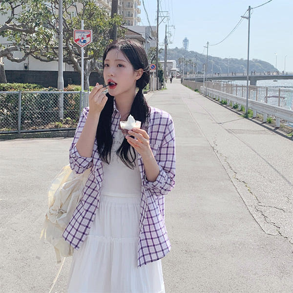 아뜨랑스 라비앙 루즈핏 체크 셔츠 크롭 나시 세트