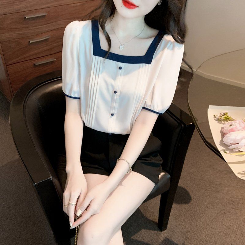 여름 여성 빅사이즈 스퀘어넥 배색 7부 블라우스 폴리 루즈핏 기본기장 데일리 아이보리 - 상품 이미지