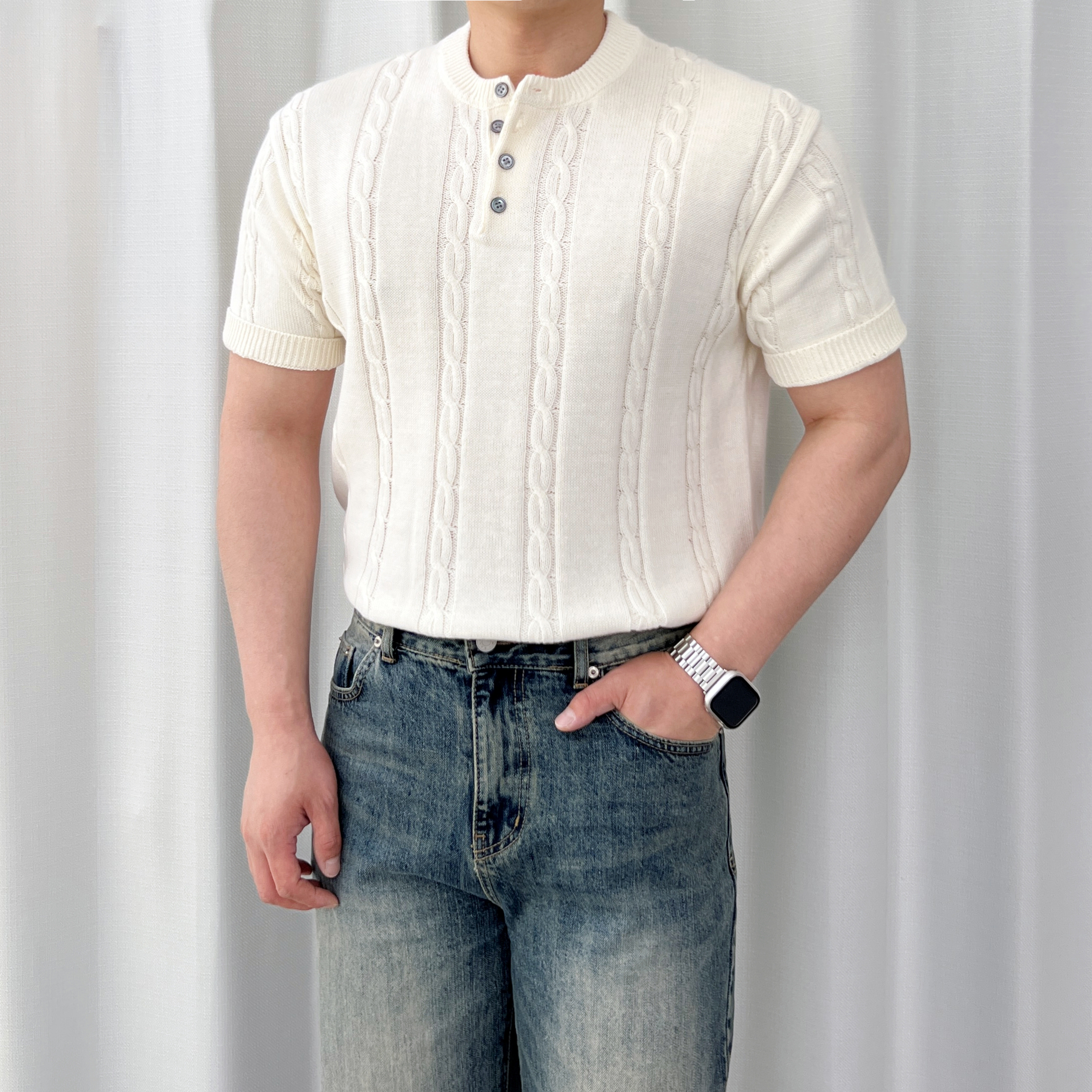 반타 AT 로아 남자 여름 반팔 꽈배기 니트 냉감 시원한 쿨링 아이스 헨리넥 - 상세 이미지 2