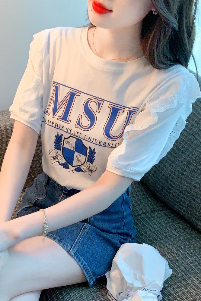 여름 여성 라운드넥 퍼프소매 반팔 면 티셔츠 로고 프린트 데일리 캐주얼 화이트 - 상세 이미지 5