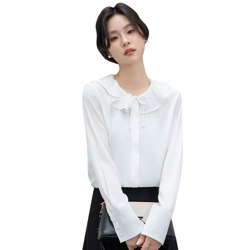 봄 가을 여성 러플 리본 카라 버튼 블라우스 긴팔 셔츠 기본핏 폴리 데일리 오피스룩 화이트 - 상세 이미지 5