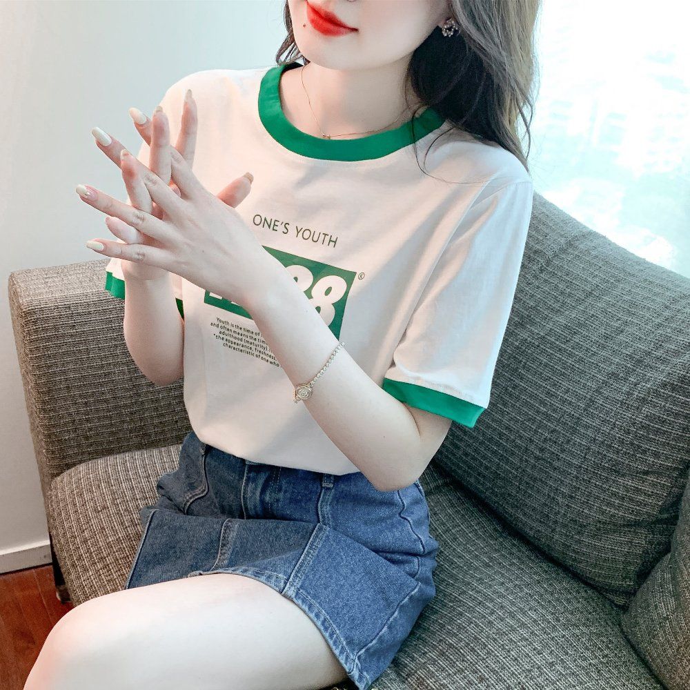 여름 여성 라운드넥 레터링 프린트 배색 면 반팔 티셔츠 데일리룩 화이트 - 상세 이미지 5