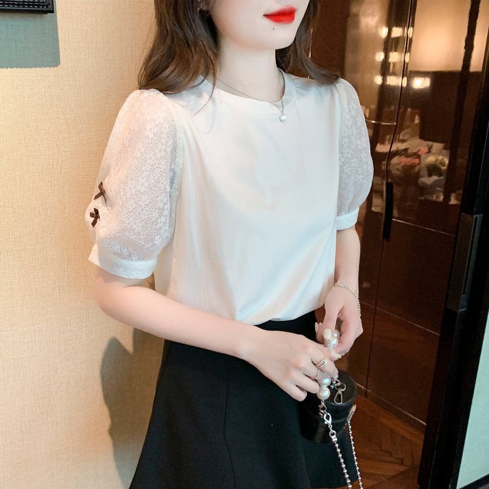 여름 여성 라운드넥 레이스 소매 새 자수 퍼프 반팔 면 티셔츠 데일리룩 아이보리 - 상품 이미지