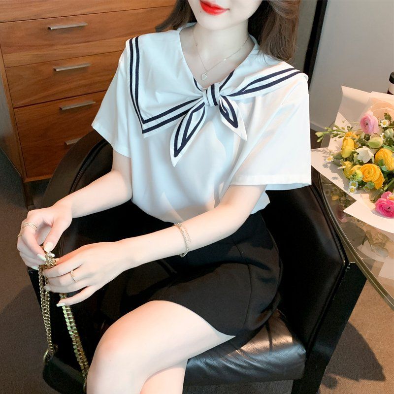 여름 여성 세일러카라 리본 타이 반팔 티셔츠 마린룩 데일리룩 상의 화이트 - 상품 이미지