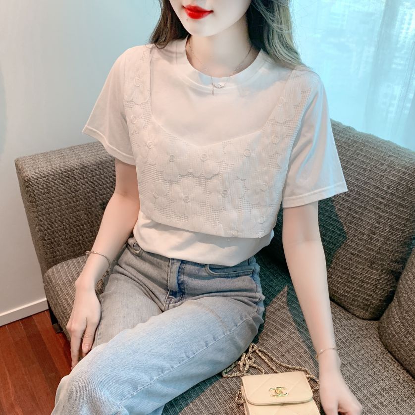 여름 여성 레이어드 뷔스티에 자수 펀칭 반팔 면 티셔츠 데일리룩 화이트 - 상세 이미지 3