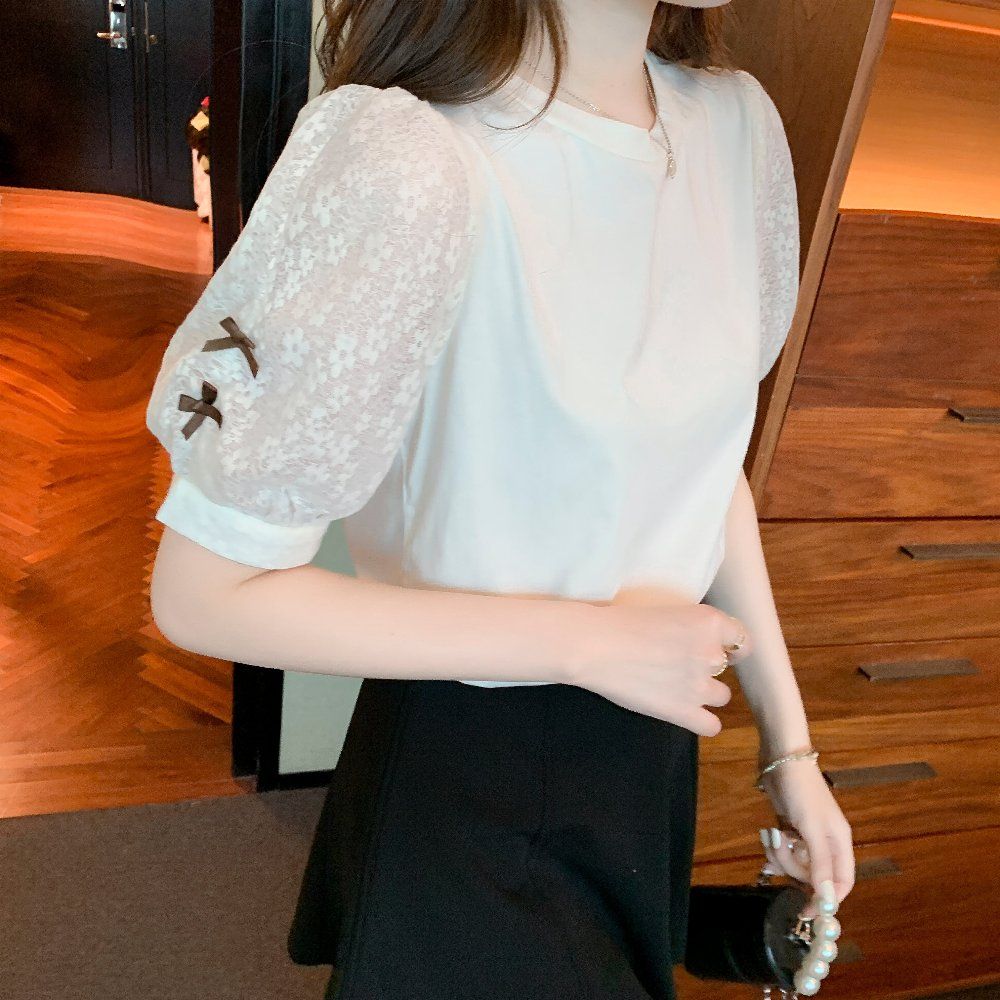 여름 여성 라운드넥 레이스 소매 새 자수 퍼프 반팔 면 티셔츠 데일리룩 아이보리 - 상세 이미지 3