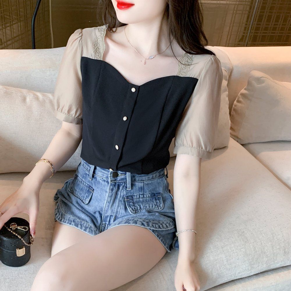 여름 여성 빅사이즈 루즈핏 하트 스퀘어넥 퍼프소매 블라우스 아이보리 배색 블랙 - 상품 이미지