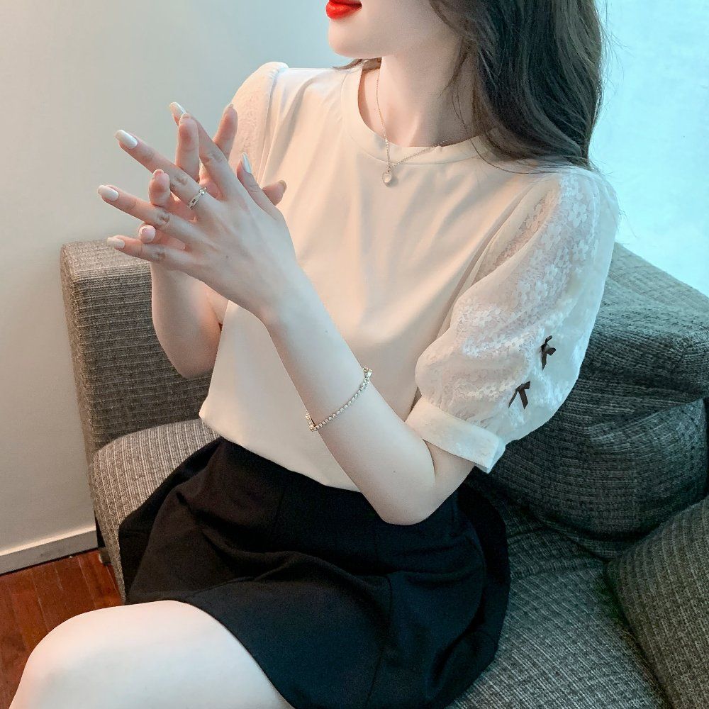여름 여성 라운드넥 레이스 소매 새 자수 퍼프 반팔 면 티셔츠 데일리룩 아이보리 - 상세 이미지 2