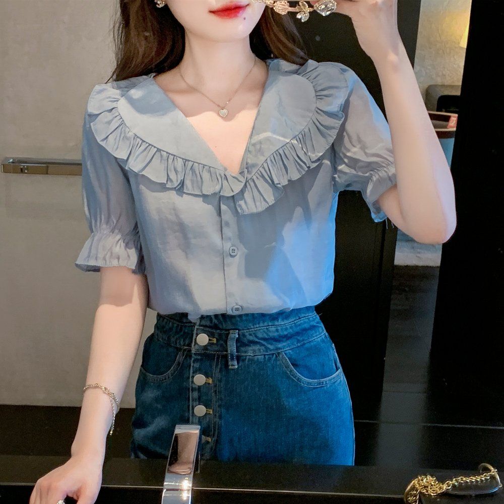 여름 여성 V넥 러플 카라 벨소매 반팔 블라우스 하늘하늘 데일리룩 상의 블루 - 상품 이미지