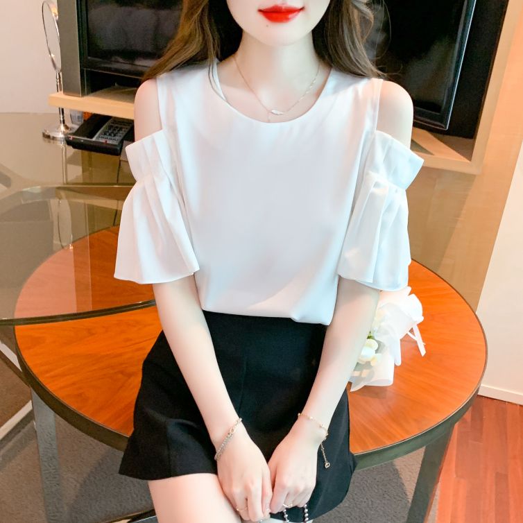 여름 여성 라운드넥 오프숄더 플리츠 벨소매 반팔 블라우스 데일리룩 화이트 - 상세 이미지 3
