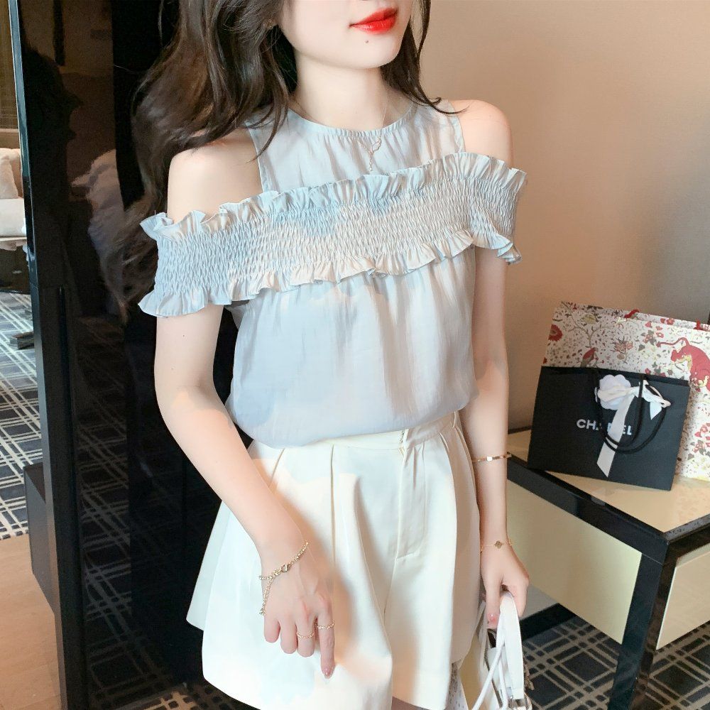 여름 여성 오프숄더 스모킹 밴딩 반팔 블라우스 여리여리 데일리룩 상의 라이트블루 - 상세 이미지 5
