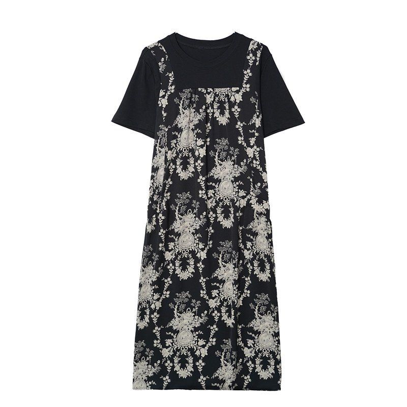 봄 여름 여성 빅사이즈 루즈핏 앤티크 프린트 레이어드 롱원피스 블랙 - 상세 이미지 3