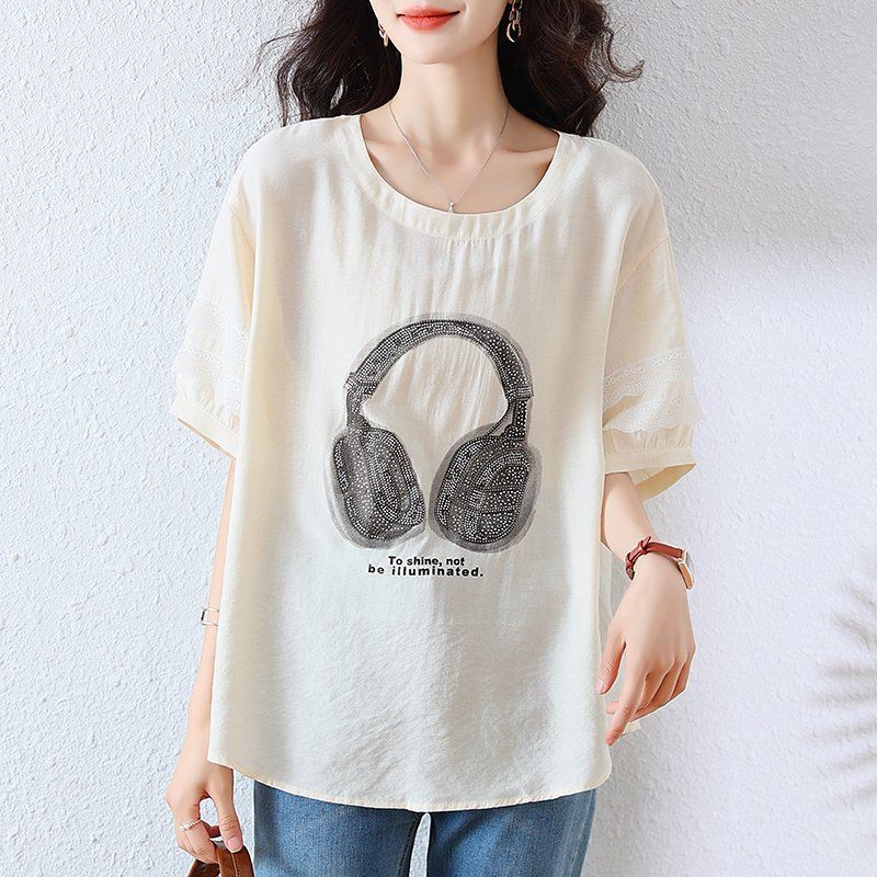 봄 여름 여성 빅사이즈 루즈핏 헤드폰 핫픽스 레이스소매 반팔 티셔츠 아이보리 - 상세 이미지 2