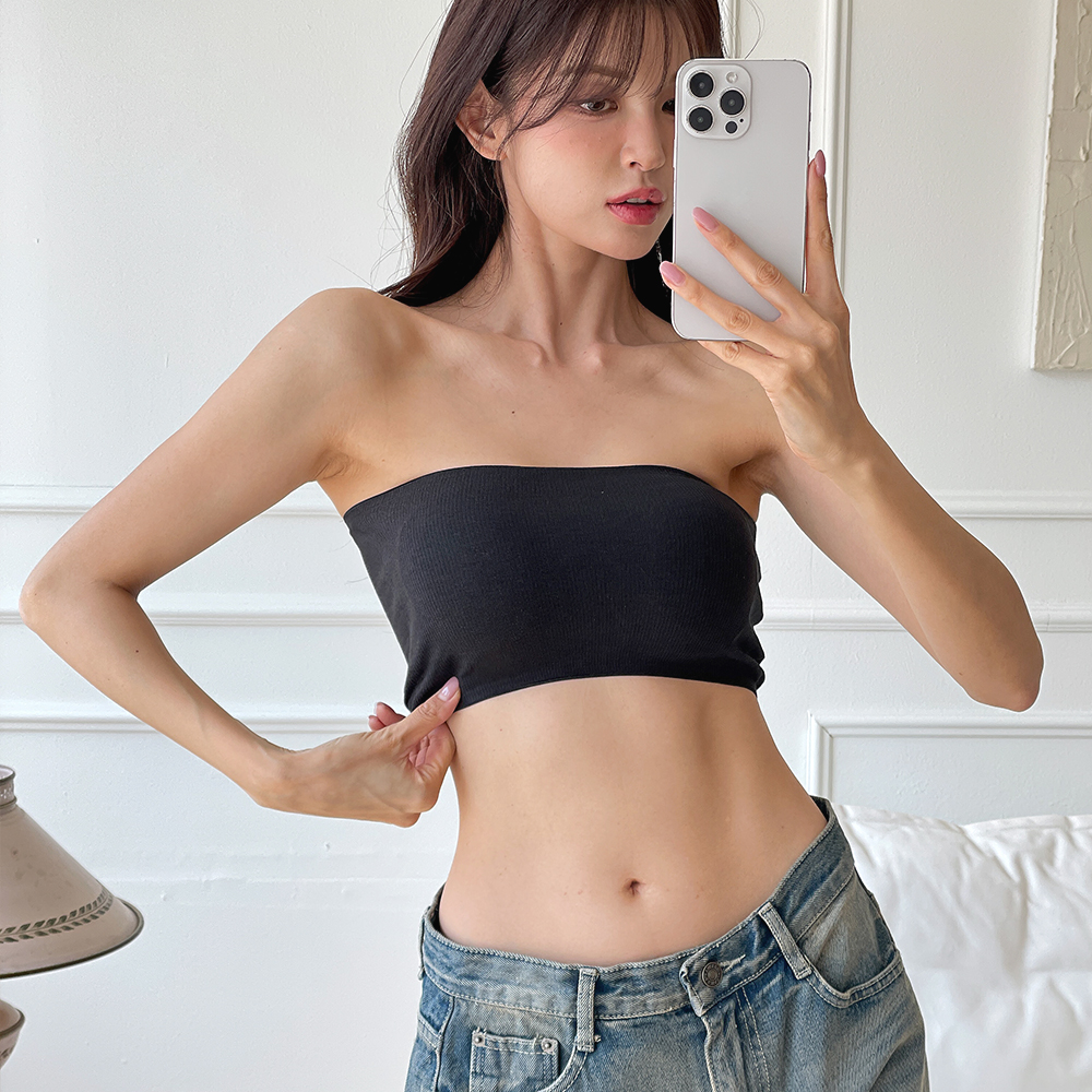핑크앤다이아 실리콘처리 쫀쫀 골지 튜브탑 오프숄더브라 스트랩리스 끈없는 탱크탑 웨딩 이미지 2