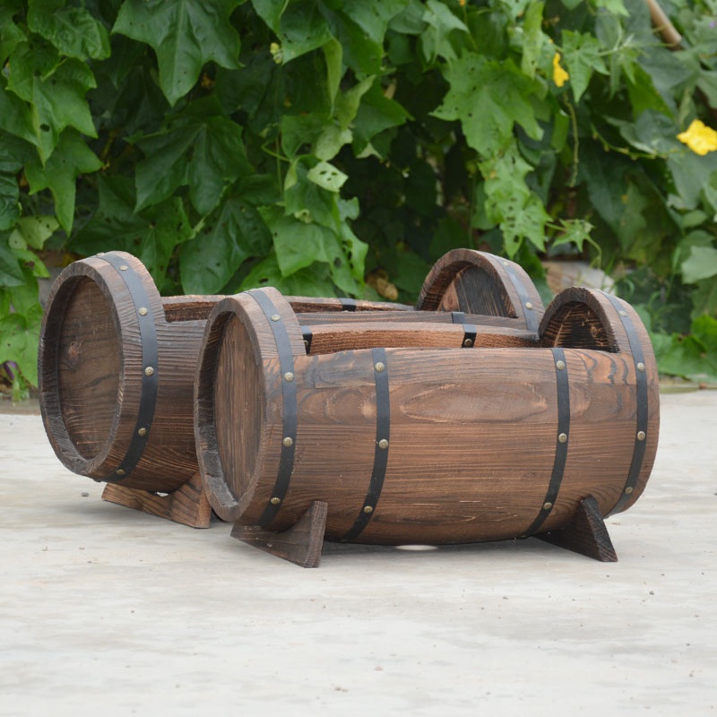 오크통 화분 원목 꽃마차 받침대 조경 테라스 선반 빈티지 대형(50x32x30cm) 목재 - 상세 이미지 4