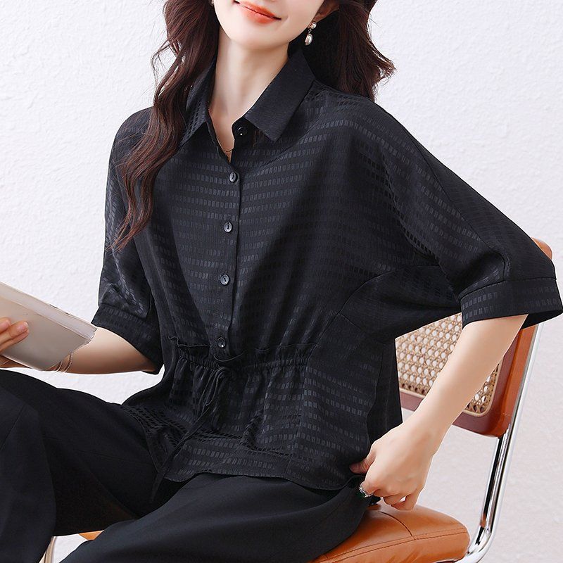 봄 여름 여성 빅사이즈 루즈핏 셔츠 허리스트링 체크 7부 블라우스 블랙 - 상품 이미지