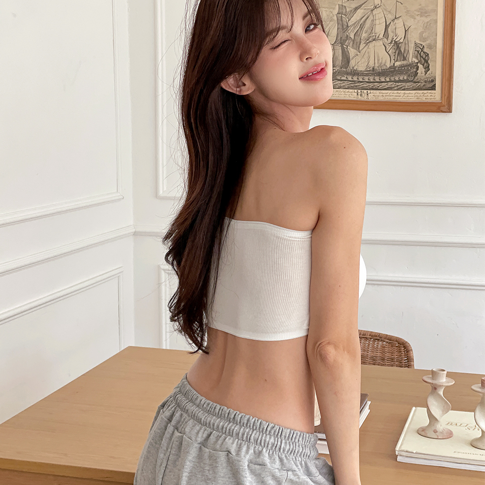 핑크앤다이아 실리콘처리 쫀쫀 골지 튜브탑 오프숄더브라 스트랩리스 끈없는 탱크탑 웨딩 이미지 3
