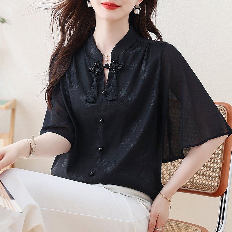 여름 여성 차이나카라 대나무패턴 5부 나팔소매 블라우스 루즈핏 태슬장식 블랙 - 상세 이미지 2