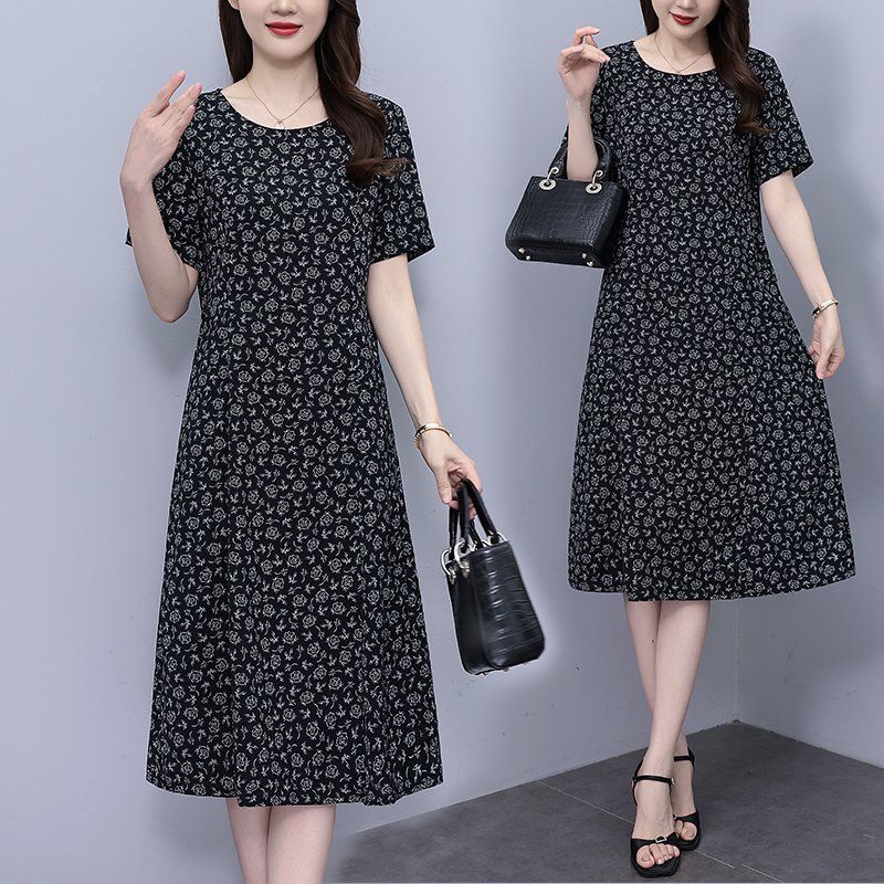 여름 여성 라운드넥 플라워 프린트 반팔 A라인 롱 원피스 데일리룩 네이비 - 상품 이미지