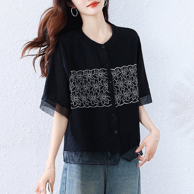 여름 여성 라운드넥 플라워자수 7부 쉬폰소매 레이어드 블라우스 루즈핏 빅사이즈 블랙 - 상세 이미지 2