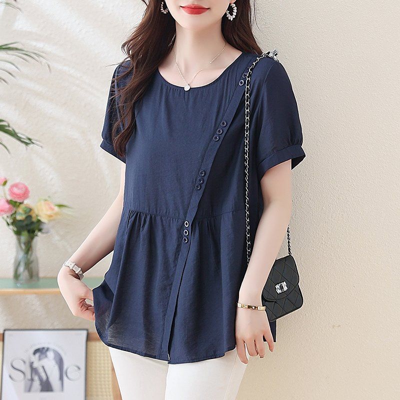 봄 여름 여성 빅사이즈 루즈핏 사선단추 페플럼 반팔 블라우스 네이비 - 상세 이미지 2