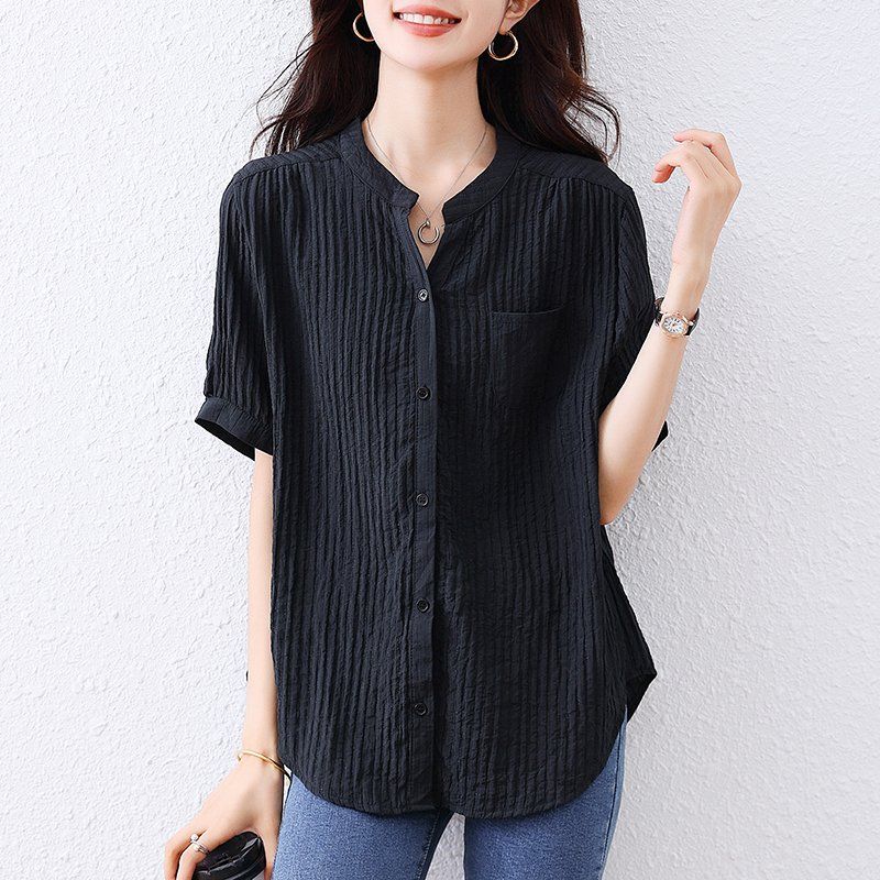 여름 여성 차이나카라 주름 텍스처 반팔 셔츠 루즈핏 데일리룩 빅사이즈 블랙 - 메인 이미지