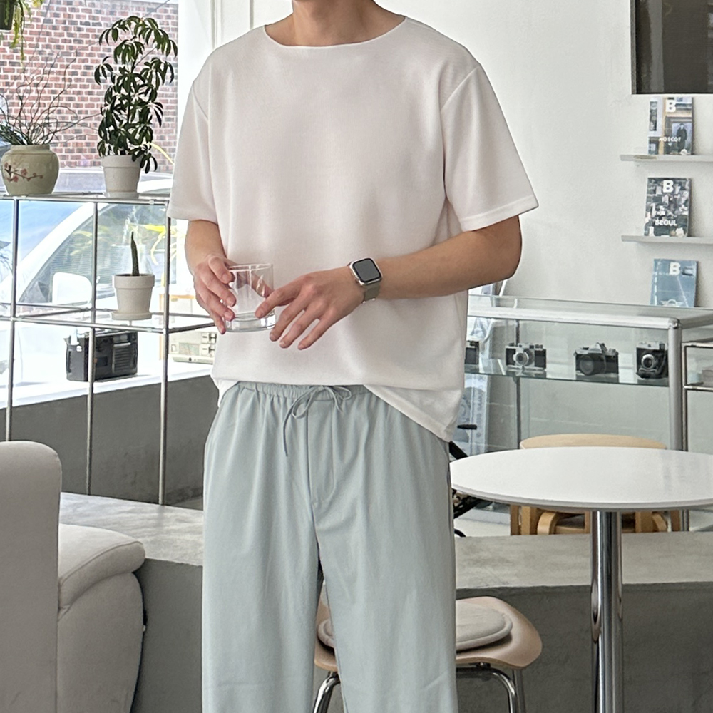 남자 오버핏 반팔 구김없는 보트넥 여름 남자 반팔 티셔츠