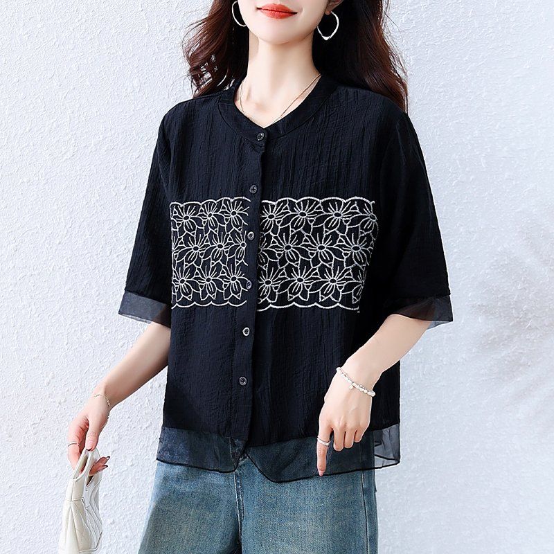 여름 여성 라운드넥 플라워자수 7부 쉬폰소매 레이어드 블라우스 루즈핏 빅사이즈 블랙 - 상세 이미지 3