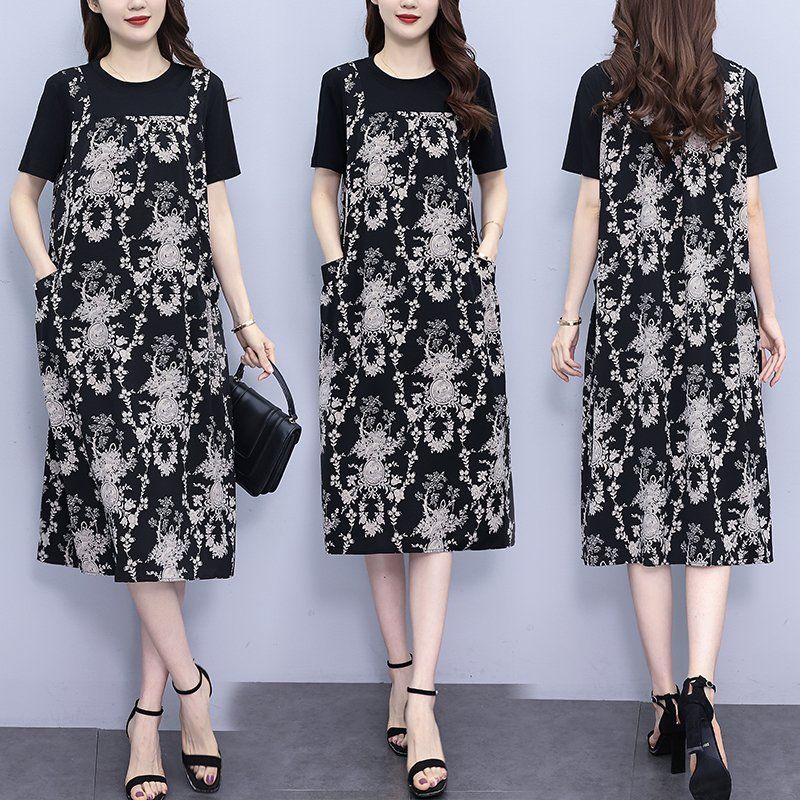 봄 여름 여성 빅사이즈 루즈핏 앤티크 프린트 레이어드 롱원피스 블랙 - 상세 이미지 2