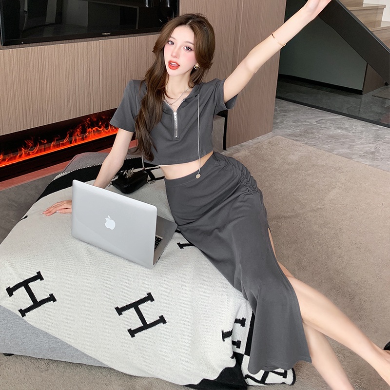 여름 후드 크롭 반팔 상의 트임 롱스커트 세트 그레이 S - 상세 이미지 5
