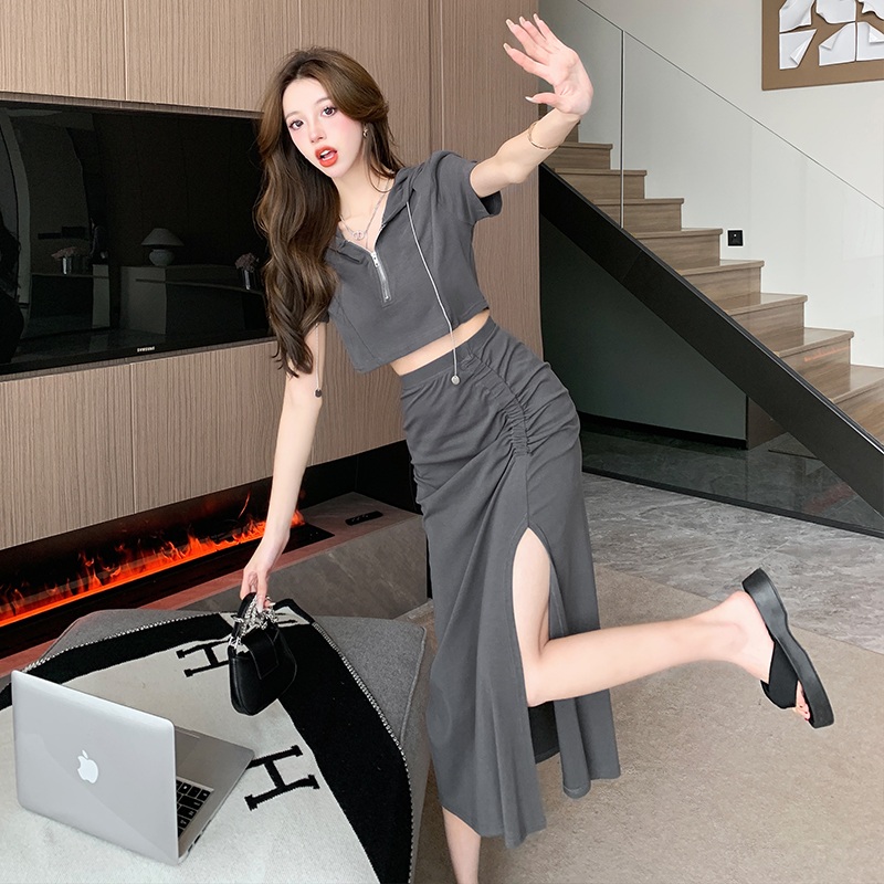 여름 후드 크롭 반팔 상의 트임 롱스커트 세트 그레이 S - 상세 이미지 2