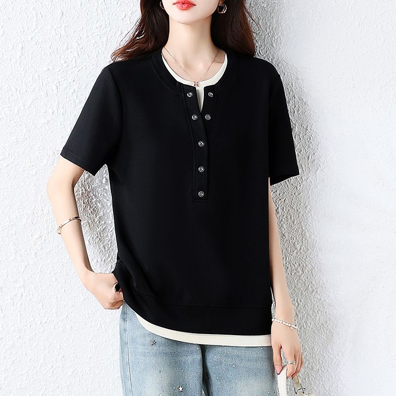 여름 여성 레이어드 배색 반팔 티셔츠 루즈핏 헨리넥 데일리룩 빅사이즈 블랙 - 상세 이미지 2