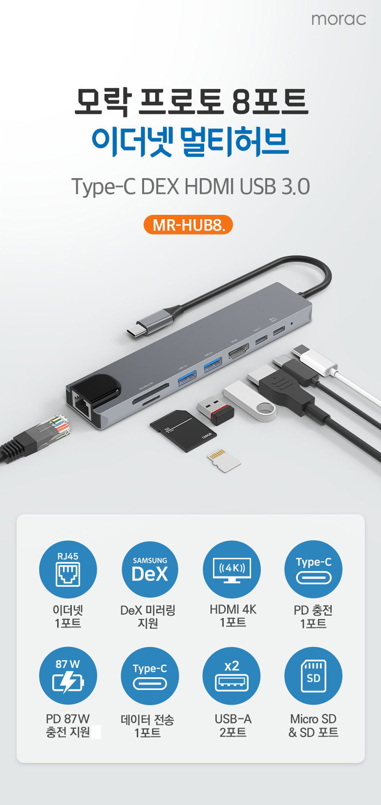 모락 프로토 8포트 Type-C DEX HDMI USB 3.0 이더넷 멀티 허브 C8HUB 판매처 상세 정보 이미지 2