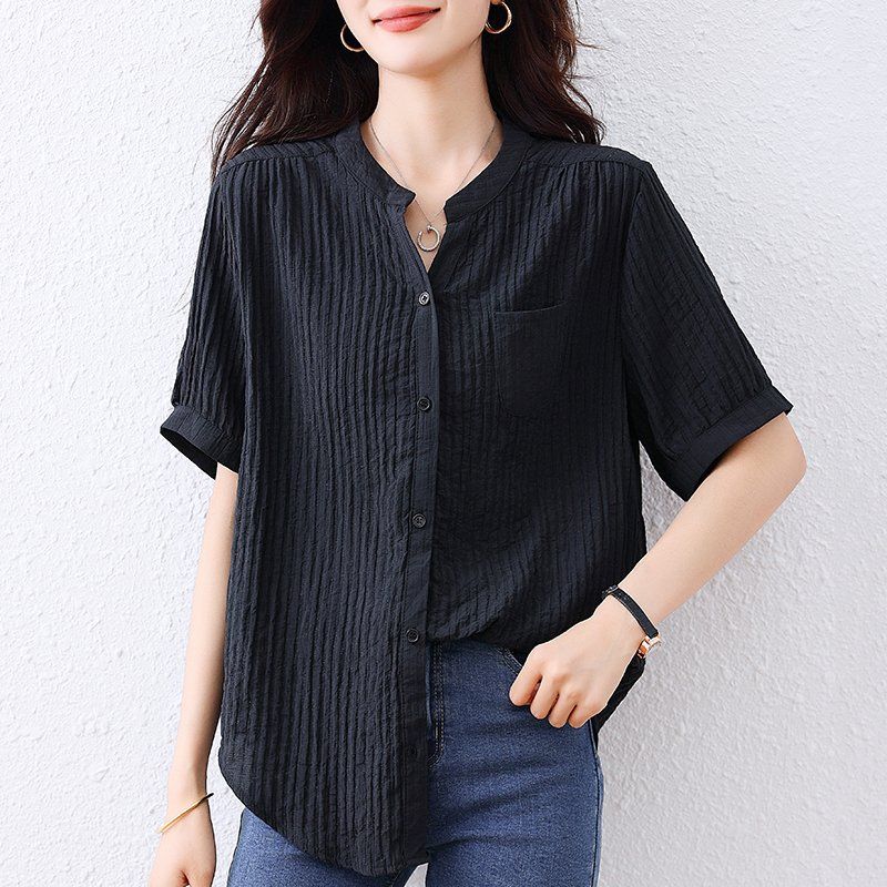 여름 여성 차이나카라 주름 텍스처 반팔 셔츠 루즈핏 데일리룩 빅사이즈 블랙 - 상세 이미지 2