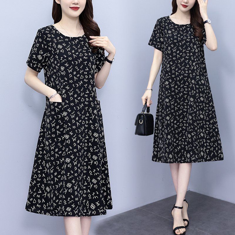 여름 여성 라운드넥 레터링 패턴 반팔 A라인 롱 원피스 데일리룩 빅사이즈 블랙 - 상품 이미지